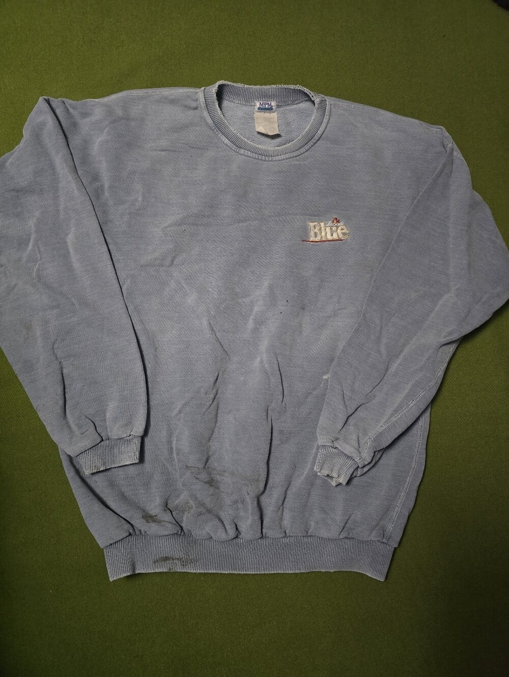 sun-faded vintage MPM crewneck sweatshirt features an embroidered Labatt Blue